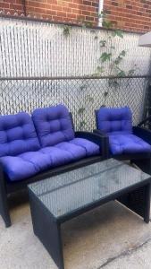 a couple of blue couches sitting next to a wall at Tropical Oasis in Rosedale