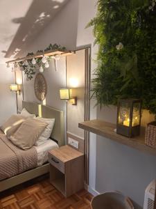 a bedroom with a bed with a table and a plant at Villa Sainte Anne in Sénas +109 photos