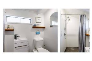 two pictures of a bathroom with a toilet and a shower at Waimarama Coastal Getaway in Waimarama