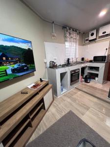a living room with a large flat screen tv on the wall at Lynch Apartments 2 - Mimosa Chilanga in Lusaka