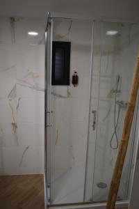 a shower with a glass door in a bathroom at Casa dos Avós da Lapa in Lapa dos Dinheiros