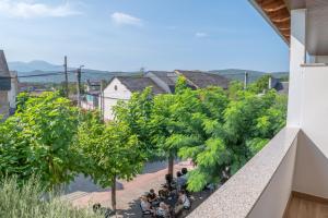 a group of people sitting on a balcony looking at trees at Habitaciones Aira in Villadepalos