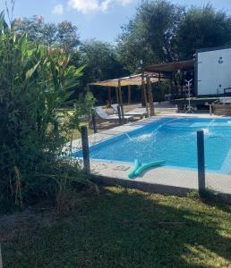 a swimming pool with a green toy in the grass at Quinta los acuelos in Luján