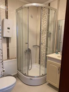 a shower in a bathroom with a toilet and a sink at Kaan Pansiyon in Bartın