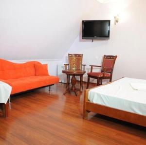 a living room with a couch and a tv on the wall at DAVID Hotel in Yerevan
