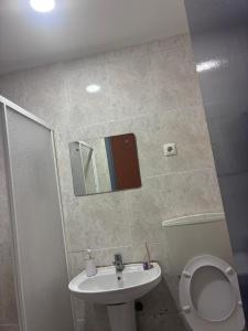 a bathroom with a toilet and a sink and a mirror at Residencial Terminal Nunxá in Entroncamento