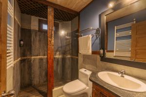 a bathroom with a sink and a toilet and a mirror at VT Coffee & Lodge in Curarrehue