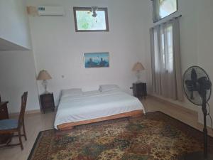 a bedroom with a bed and a fan and a rug at hebergement paradis Haiti in Petionville