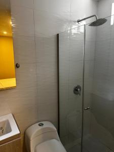 a bathroom with a shower and a toilet and a sink at La Rosita 2 in Puerto Colombia