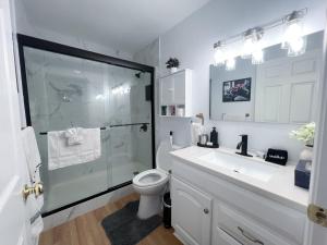 a bathroom with a shower and a toilet and a sink at Bluebird Liberty Cottage in Saint Robert +29 photos