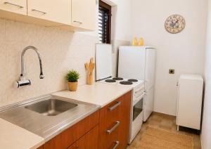 a kitchen with a sink and a white refrigerator at Green Little Cottage with Pool near Ostrog Monastery in Danilovgrad