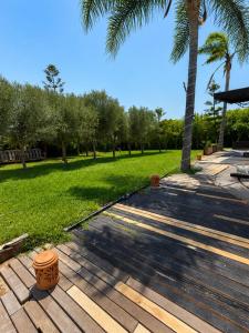 a wooden walkway with palm trees in a park at Nzaha house in Douar Ahmed Ben Brahim