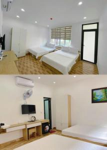 two pictures of a room with two beds and a tv at LAN HA PEARL HOTEl in Cat Ba +43 photos