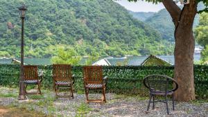 three chairs and a street light next to a tree at Gapyeong 516geullaemlaban in Gapyeong