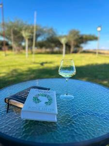 a book and a glass of wine on a table at Caysa Villa in Gaborone