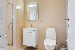 a bathroom with a toilet and a sink and a mirror at 0341-Romo-Vestergade-351 in Høm +20 photos