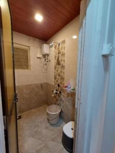 a bathroom with a shower and a toilet and a sink at Vighnaharta Homestay in Ganpatipule
