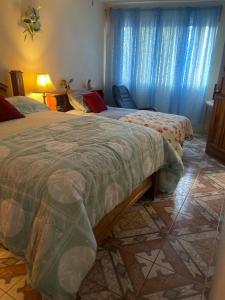 a bedroom with two beds and a window with blue curtains at Edna's GuestHouse in Siquirres