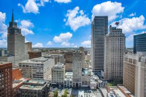 an aerial view of a city with tall buildings at CozySuites at LTV in Dallas