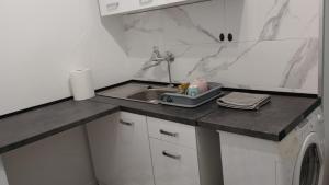 a kitchen counter with a sink and a washing machine at Self check-in Apartament Poznań Marcelin Lotnisko Ławica Szpitale Uczelnie in Poznań +20 photos