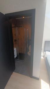 a bathroom with a glass shower and a toilet at Tomberg 