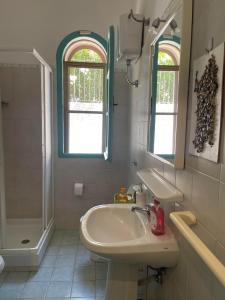 a white bathroom with a sink and a shower at Villino Sicaru' in Simius
