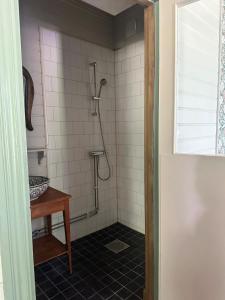 ein Badezimmer mit Dusche, Waschbecken und Tisch in der Unterkunft Vitsand 