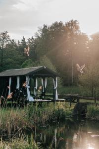 a group of people sitting in a gazebo near a pond at Liva Park Nature Resort in Liwa