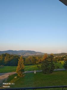 a view from the top of a hill with trees and a road at Oko na Mogielice in Słopnice