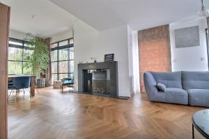 a living room with a couch and a fireplace at Villa golf merignies in Mérignies
