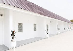 ein weißes Gebäude mit Topfpflanzen an der Seite in der Unterkunft Seamsak hotel in Golden Triangle