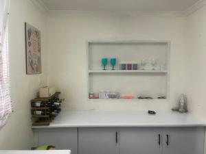 a kitchen with white cabinets and blue glasses on shelves at Vee's Cottage in Bellville