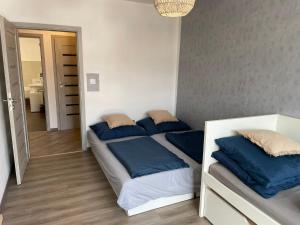 a bedroom with two beds with blue pillows at Apartmán u Fryšávky in Fryšava