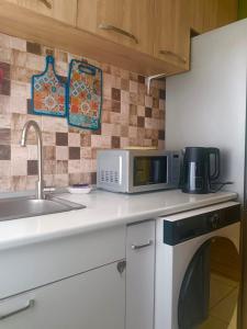 a kitchen counter with a microwave and a sink at Cozy Family Apartment in Tbilisi City +8 photos