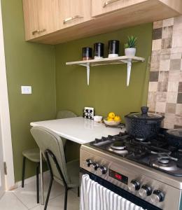 a kitchen with a stove and a counter top at Cozy Family Apartment in Tbilisi City