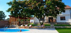 a person sitting in a chair next to a pool at Vila Daško in Lukavac +21 photos