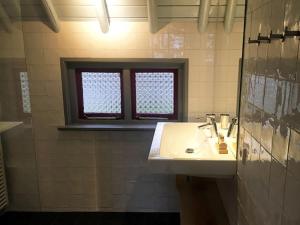 a bathroom with a sink and a window at Boerderijte De Lytse Formerum in Formerum