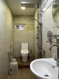 a bathroom with a white toilet and a sink at Adhunik palace in Keonjhargarh