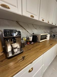 a kitchen counter with a coffee maker and a microwave at Tudor's Rooms in Mediaş