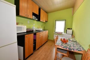 a kitchen with green walls and a table and a refrigerator at Penzion Dreveník in Spišské Podhradie