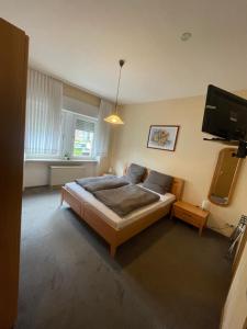 a bedroom with a bed and a flat screen tv at Zimmer Mosella in Enkirch