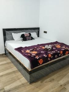 a bedroom with a bed with a purple blanket at VIDYA Homestay in Hampi