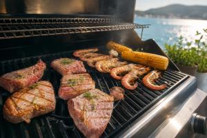 a grill with meat and vegetables on it at Villa Bonaca in Korčula