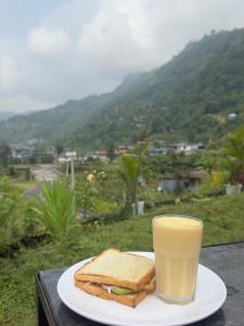 ein Sandwich auf einem Teller mit einem Getränk auf einem Tisch in der Unterkunft Hideaway Cottage in Pokhara