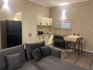 a living room with a couch and a small kitchen at בית הקונגרס גבעת אולגה in H̱adera