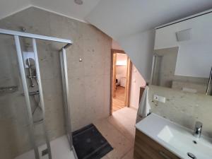 a bathroom with a shower and a sink at Ferienhaus Vitabene in Hollenstein an der Ybbs