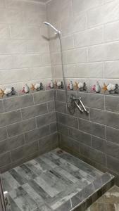 a shower with stuffed animals sitting on a tile wall at Appartement proche mer 