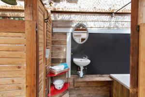 a bathroom with a sink and a mirror at Caravane au jardin in Brix