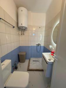 a bathroom with a toilet and a sink at Lushnja Central Elegance in Lushnjë