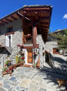 a house with a cat sitting in front of it at La Baita del vecchio GAD in Oulx